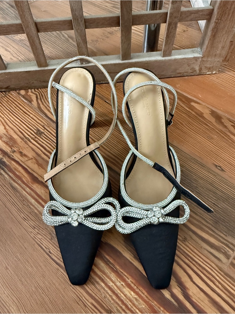 Tony Bianco Black Pointed Crystal Bow Slingback Heels
